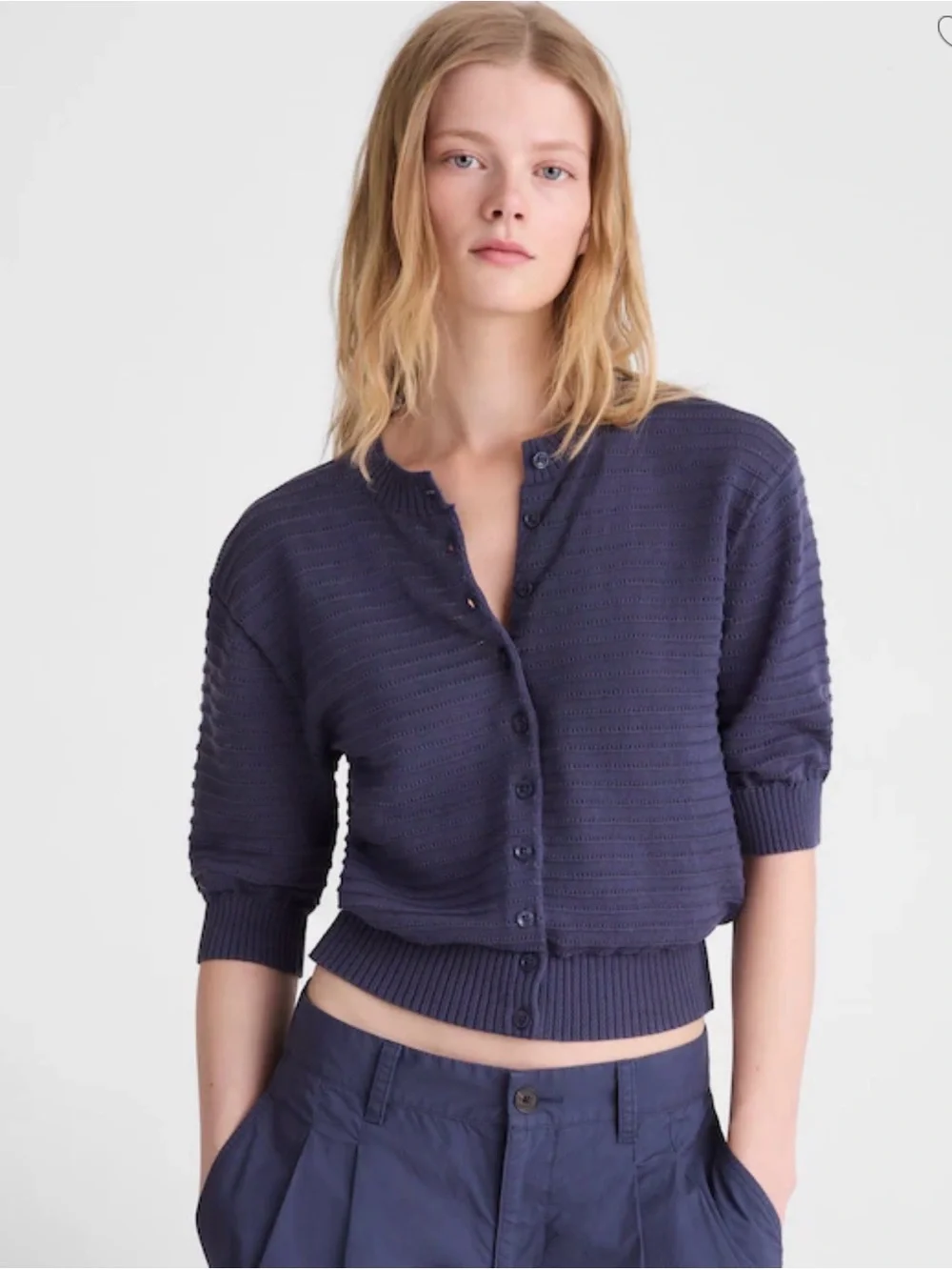Madewell Textured Short-Sleeve Cardigan Petrol Navy 100% Cotton Blouse XL NWOT
